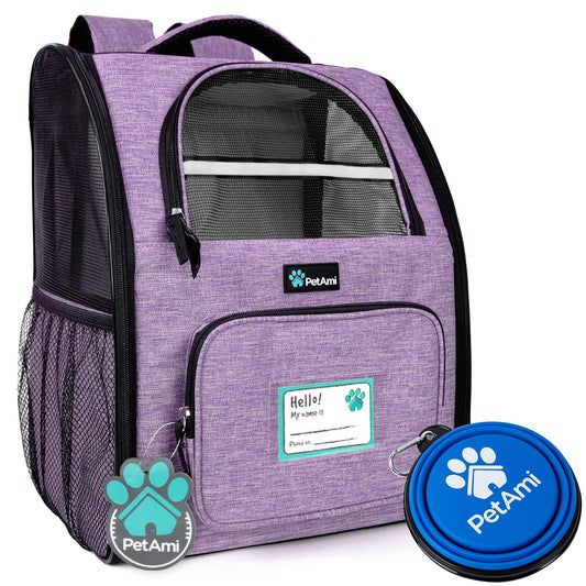 PetAmi Deluxe Mochila transportadora de mascotas para gatos y perros pequeños, cachorros | Diseño ventilado, entrada por dos lados, características de seguridad y soporte de espalda acolchonado | para viajes, senderismo, uso al aire libre, Heather Purple