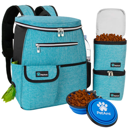 PetAmi Mochila de viaje para perros, organizador de mochila con dispensador de bolsas de excrementos, bolsillos, bolsa de contenedor de alimentos, cuenco plegable, juego de viaje para mascotas de fin de semana para senderismo, camping, viajes por carreter