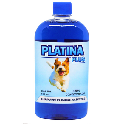 Platina Plus - ELIMINADOR DE OLORES MASCOTAS - Ultra Concentrado - 100 Lavadas - Elimina Manchas - Para Exteriores, Interiores, Telas y Muebles (500ml)