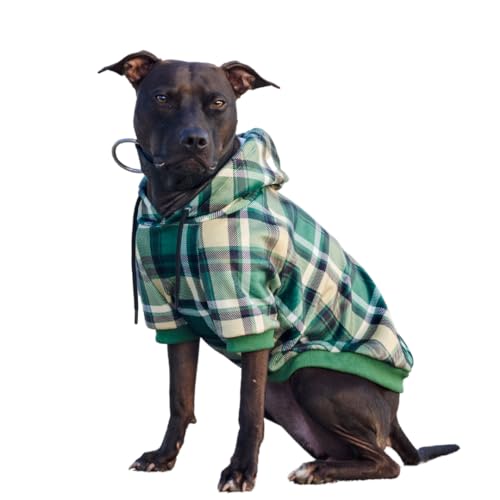Spark Paws - Sudadera con capucha para perro, de calidad premium, suave, comodidad y ajuste superiores, interior de forro polar calmante, adecuada para todas las razas, tela escocesa verde, talla 2XL