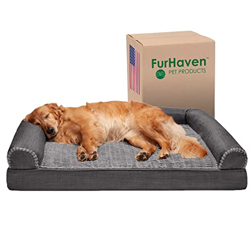 Furhaven - Cama ortopédica XL para perros de lujo, piel sintética y lino deportivo, estilo sofá con funda extraíble y lavable, color carbón, tamaño jumbo (extragrande)