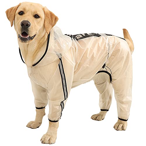 Olsa - Impermeable para perro, jorongo impermeable con capucha para perro, chamarra de lluvia de 4 patas para perro con rayas reflectantes, ropa para nieve y lluvia, transparente, impermeable, para perros pequeños, medianos y grandes