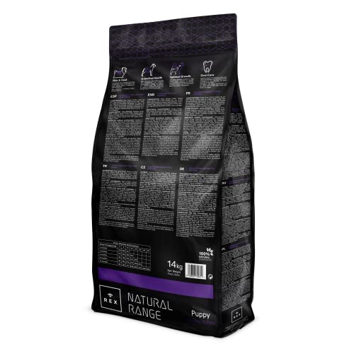 Rex Natural Range Croquetas para Perro Cachorro - Alimento Completo Razas Pequeña, Mediana, Grande con Pollo y Arroz, Rico en Vitaminas, Minerales, Calcio y Fósforo - 14 Kg