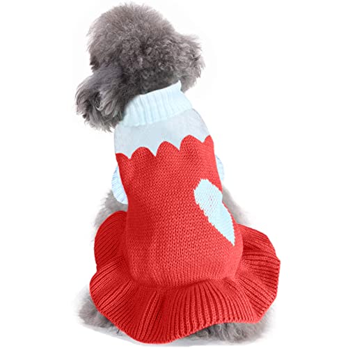 CHBORCHICEN - Suéteres clásicos de punto para mascotas, cuello alto, ropa cálida de invierno para cachorros, lindo suéter de fresa y corazón (M, vestido-rojo2)