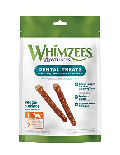 WHIMZEES Golosinas dentales naturales para perros sin cereales, salchicha vegetal grande, bolsa de 7