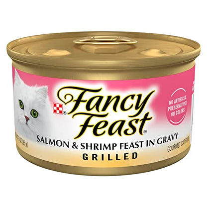 Fancy Feast Comida húmeda para gatos, a la parrilla, salmón y camarones en salsa, lata de 3 onzas, paquete de 24