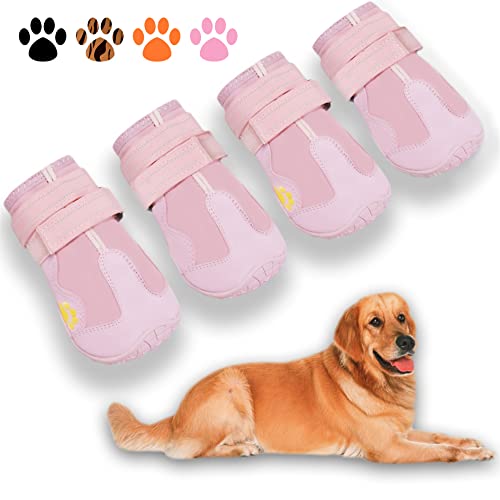XSY&G Botas para perros, zapatos impermeables para perros, botines para perros con tiras reflectantes, suela antideslizante resistente y antideslizante, zapatos para perros al aire libre para perros pequeños, medianos y grandes, 4 unidades, color rosa, ta