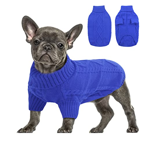 Queenmore Suéter para perro pequeño, tejido de punto trenzado para clima frío, cuello alto clásico, ropa gruesa y cálida para chihuahua, bulldog, perro salchicha, pug (azul rey, XL)