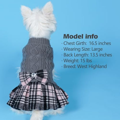 KYEESE Vestido de suéter para perro con agujero para correa para perros pequeños y medianos con corbatín a cuadros de cuello alto, suéter cálido para mascotas, gris