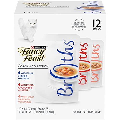 Purina Fancy Feast Caldos para Comida Húmeda para Gatos Adultos, Clásico, Paquete Variedad Clásico, (12) 1.4 oz. Bolsas