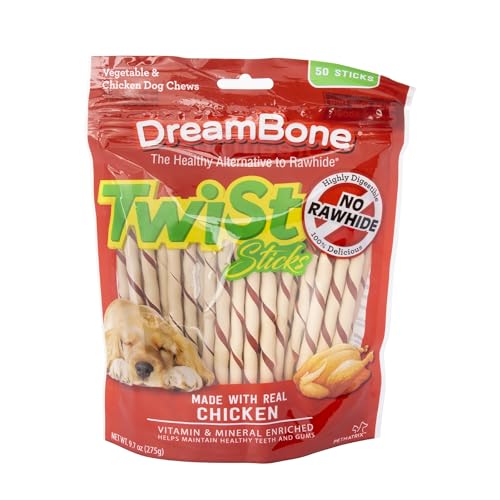 Dreambone Twist Sticks, masticables sin cuero crudo para perros, con pollo real, 50 unidades