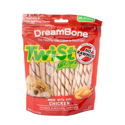 Dreambone Twist Sticks, masticables sin cuero crudo para perros, con pollo real, 50 unidades