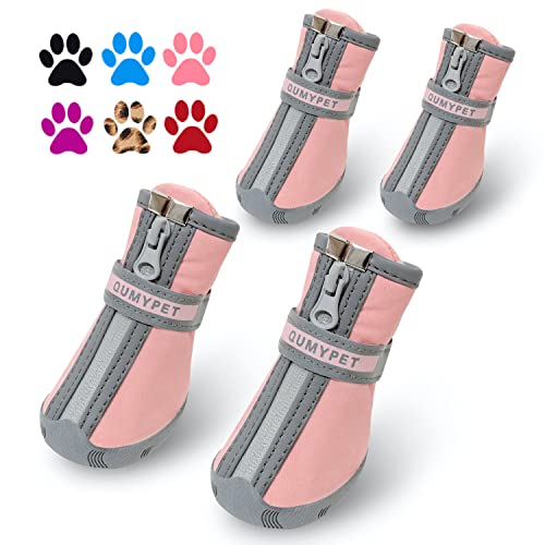 QUMY - Botas de nieve para perros pequeños, a prueba de salpicaduras, zapatos de nieve para cachorros con tira reflectante, suela de goma antideslizante, color rosa, 4 unidades por juego