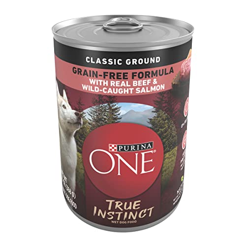 Purina ONE SmartBlend True Instinct Classic Ground con comida húmeda para perros adultos con carne de res real y salmón silvestre - (6) 13 oz. latas
