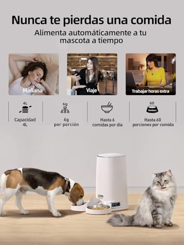 ROJECO Comederos Automáticos para Mascotas para 2 Gatos, Alimentador de Gatos de 4L, Dispensador de Alimentos Secos para Perros, 1-6 Comidas y 1-60 Porciones (Versión de Botón)