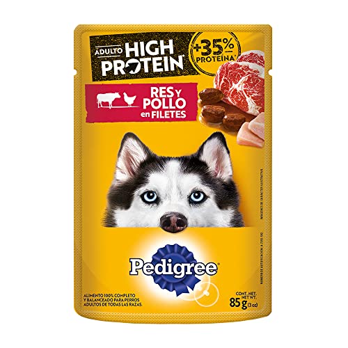 PEDIGREE High Protein Alimento Húmedo para Perros Adultos Sabor Res y Pollo 24 Sobres 85g c/u