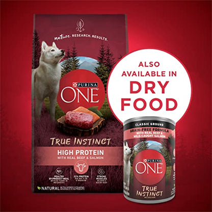 Purina ONE SmartBlend True Instinct Classic Ground con comida húmeda para perros adultos con carne de res real y salmón silvestre - (6) 13 oz. latas