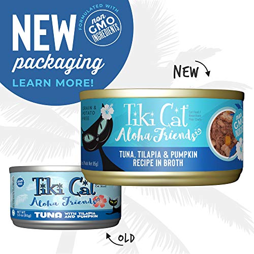 Alimento enlatado para gatos Tiki Cat Aloha Friends - Alimento para gatos rico en nutrientes - 5.5 oz. (Paquete de 8) - Atún, Tilapia y Calabaza