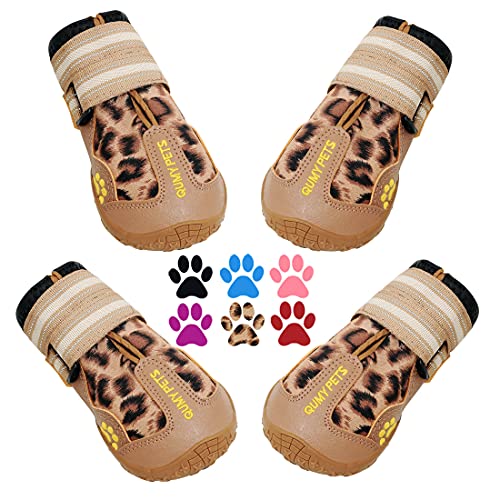 QUMY Botas de Perro Zapatos Impermeables para Perros Grandes con Correas Reflectante Resistente Antideslizante (Size 7: 3.1"x2.7"(L*W) for 63-75 lbs, Leopardo)