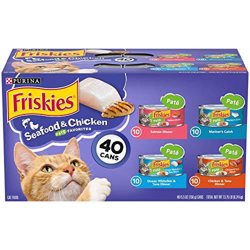 Purina Friskies Pate Paquete variado de comida húmeda para gatos con mariscos y pollo - Cuarenta (40) 5.5 oz. latas