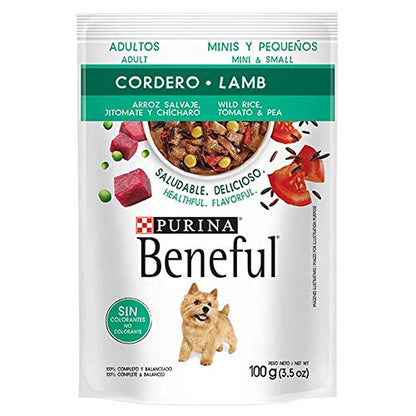 Purina Beneful Pouches Alimento humedo para Perros minis Adultos Cordero y arroz 100g, 20 Piezas.