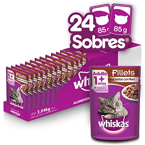 Whiskas Alimento Húmedo para Gatos, Sabor Brocheta 85g c/u. Paquete de 24 Unidades