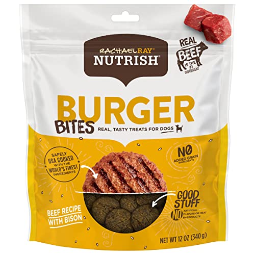 Rachael Ray Nutrish Burger Bites Golosinas para perros, hamburguesa de carne con receta de bisonte, 12 oz