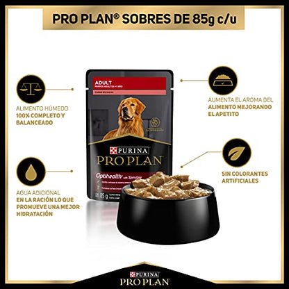 Pro Plan Pouches Purina Perro Adulto Carne, Caja con 24 Piezas