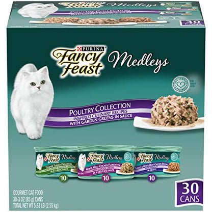 Purina Fancy Feast Paquete variado de comida húmeda para gatos, colección Medleys de aves de corral con verduras de jardín en salsa - (30) 3 oz. latas