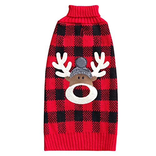 KYEESE Suéter de Navidad para perro con agujero para correa, ropa de punto de reno a cuadros rojos