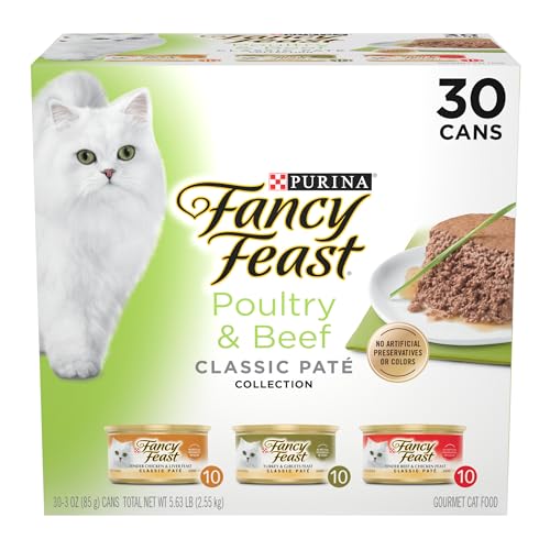 Purina Fancy Feast Classic Paté Colección de aves de corral y carne de res Paquete variado de comida húmeda para gatos - (30) 3 oz. latas