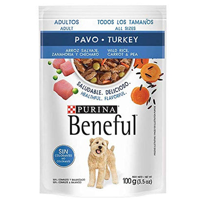 Purina Beneful Pouches Alimento humedo para perros adultos pavo y arroz 100g, 20 Piezas.