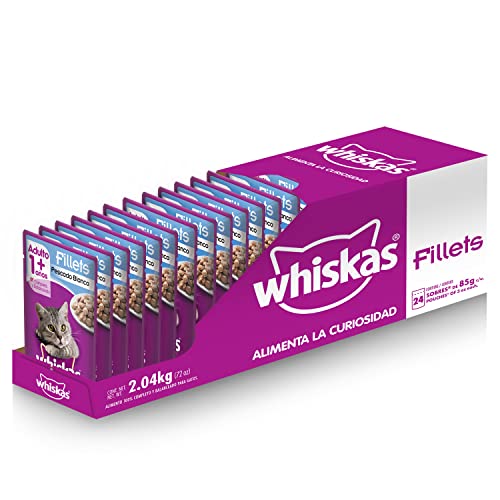 Whiskas Alimento Húmedo para Gatos, Sabor Filete Pescado Blanco, 85g c/u. Paquete de 24 Unidades