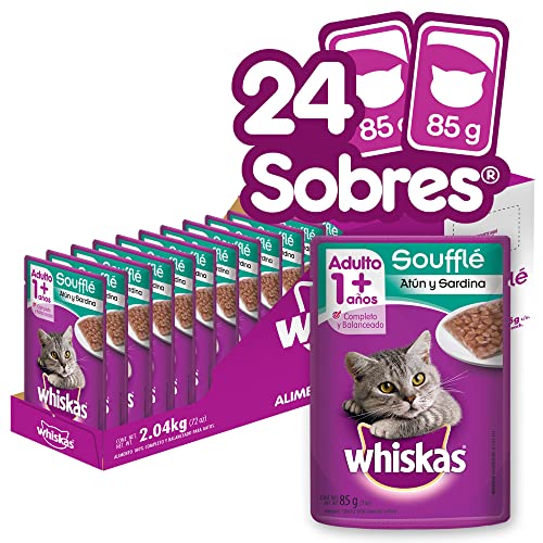 Whiskas Alimento Húmedo para Gatos Adultos, Sabor Soufflé Atún y Sardina 85g c/u. Paquete de 24 Unidades
