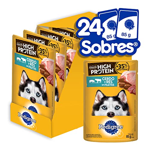 PEDIGREE High Protein Alimento Húmedo para Perros Adultos Sabor Cerdo y Res 24 Sobres 85g c/u
