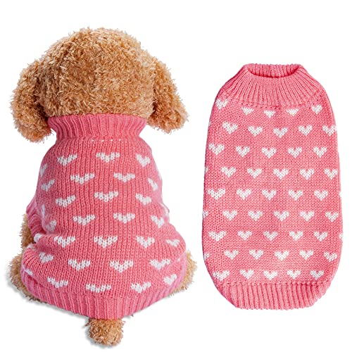 Dxhycc Suéter de punto para perro, suéter de corazón para perro, suéter cálido y suave para mascotas, ropa de vacaciones para gatos y perros pequeños (rosa, S)