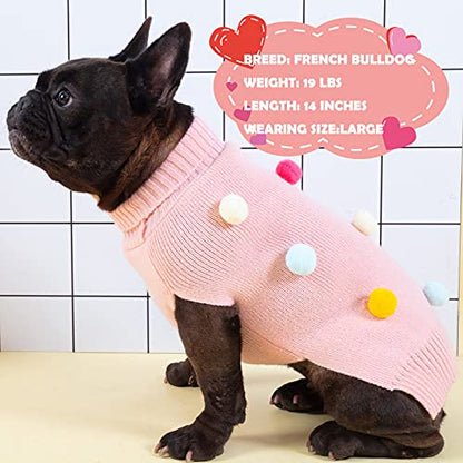 KYEESE Suéter para perro con pompones coloridos, cuello alto, ropa de punto con agujero para correa para perros pequeños, ropa para mascotas, L