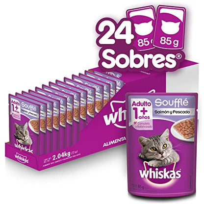 Whiskas, Alimento Húmedo para Gato Adulto con Sabor a Soufflé de Salmón y Pescado, 85 gr x 24 uds, Morado