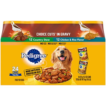 PEDIGREE CHOICE CORTES EN SALSA Paquete variado de comida húmeda enlatada para perros adultos, guiso campestre y sabor a pollo y arroz, (24) 13.2 oz. latas