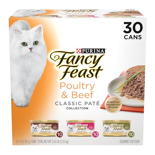 Purina Fancy Feast Classic Paté Colección de aves de corral y carne de res Paquete variado de comida húmeda para gatos para adultos - Treinta (30) 3 oz. latas