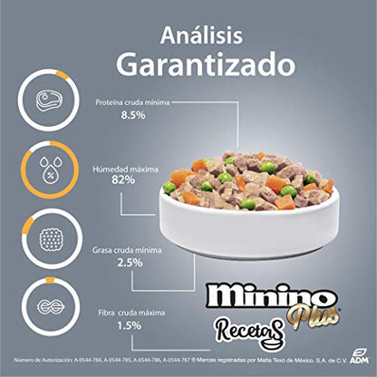 Minino Plus Recetas, alimento húmedo Sabor Pollo en Caldo con Verduras, 85 g, Gris, Paquete con 24 Piezas