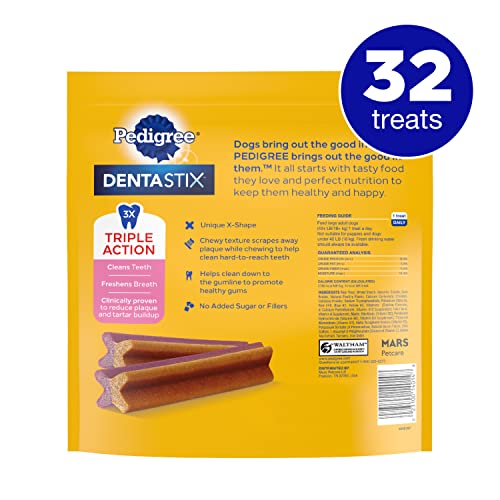 Pedigree Dentastix golosinas para perros grandes de doble sabor, sabores de tocino y pollo, paquete de 1.47 lb (32 golosinas)