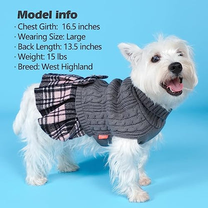 KYEESE Vestido de suéter para perro con agujero para correa para perros pequeños y medianos con corbatín a cuadros de cuello alto, suéter cálido para mascotas, gris