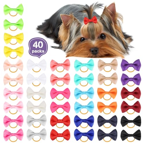 Chenkou Craft 40 unidades (20 pares) lazo para el pelo de perro de Yorkie con banda de goma de 40 mm, productos de aseo de mascotas, varios colores y patrones (lazo de goma puro)