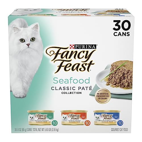 Purina Fancy Feast Paquete variado de comida húmeda para gatos con paté sin cereales; Colección de paté clásico de mariscos - (30) 3 oz. latas