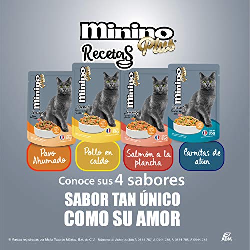 Minino Plus Recetas, alimento húmedo Sabor Carnitas de atún, 85 g, Gris, Paquete con 24 Piezas