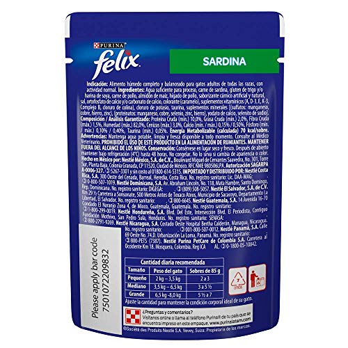 Purina Felix Sobres Alimento Húmedo Sabor Sardina, Paquete con 24 Pzas de 85g