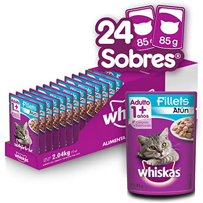 Whiskas Alimento Húmedo para Gatos, Sabor Filetes De Atún 85g c/u. Paquete de 24 Unidades