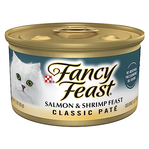 Fancy Feast Comida húmeda para gatos, clásica, fiesta de salmón y camarones, lata de 3 onzas, paquete de 24