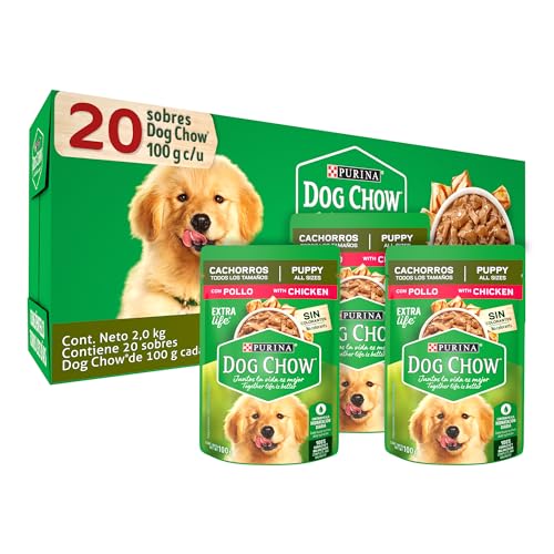 Purina Dog Chow Pouches Alimento Húmedo Cachorros Pollo, Paquete con 20 Pzas de 100g